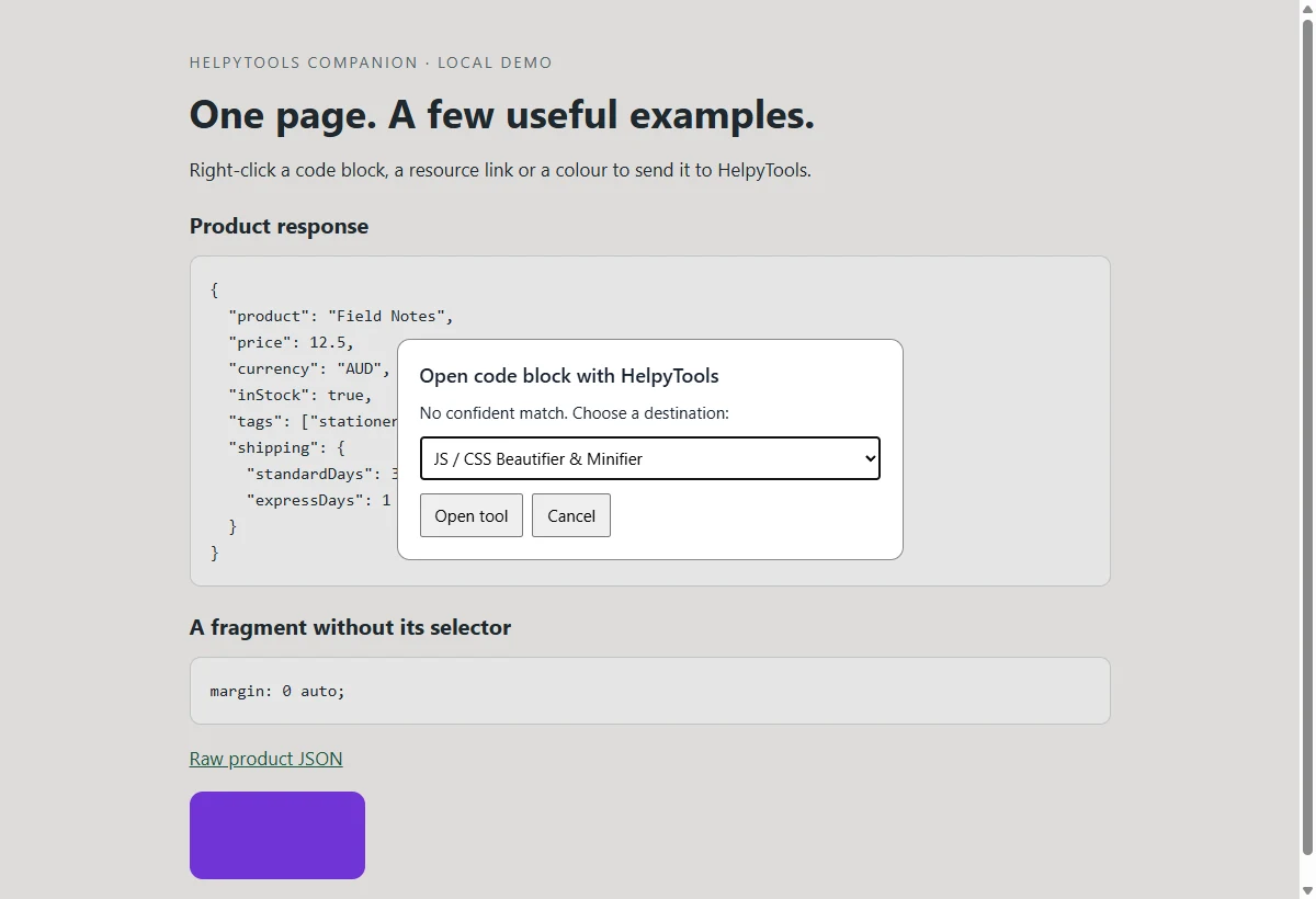 Companion's destination chooser with JS / CSS Beautifier selected for an ambiguous code fragment