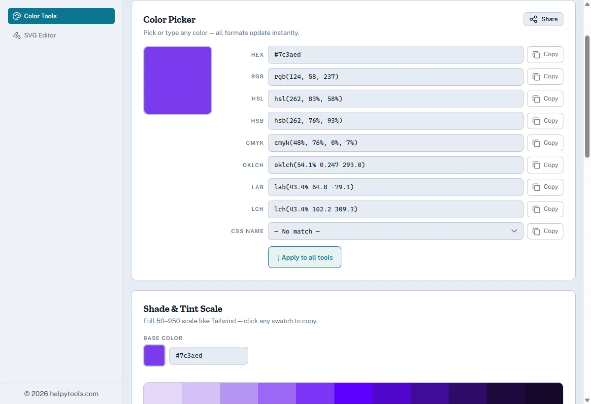 Color Tools with the violet colour sampled from the demo page loaded in the picker