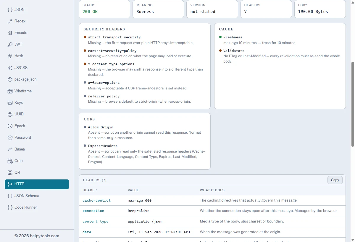 HTTP Analyser displaying the real response from the local demo product endpoint, including its status and response headers