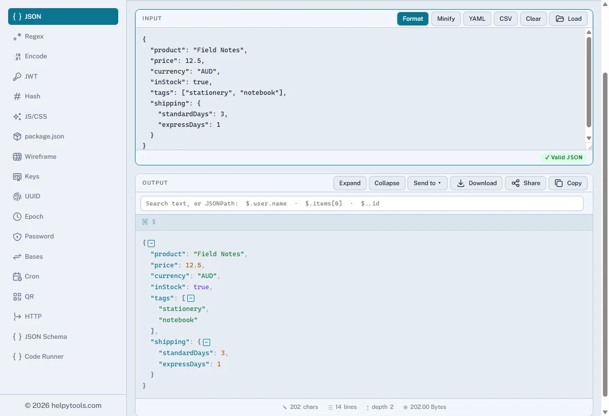 JSON Formatter showing the fictional Field Notes product response received through Companion code extraction