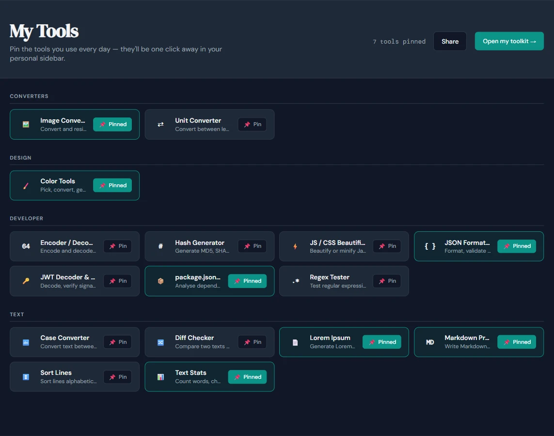 Several tools pinned โ cards highlighted with accent color